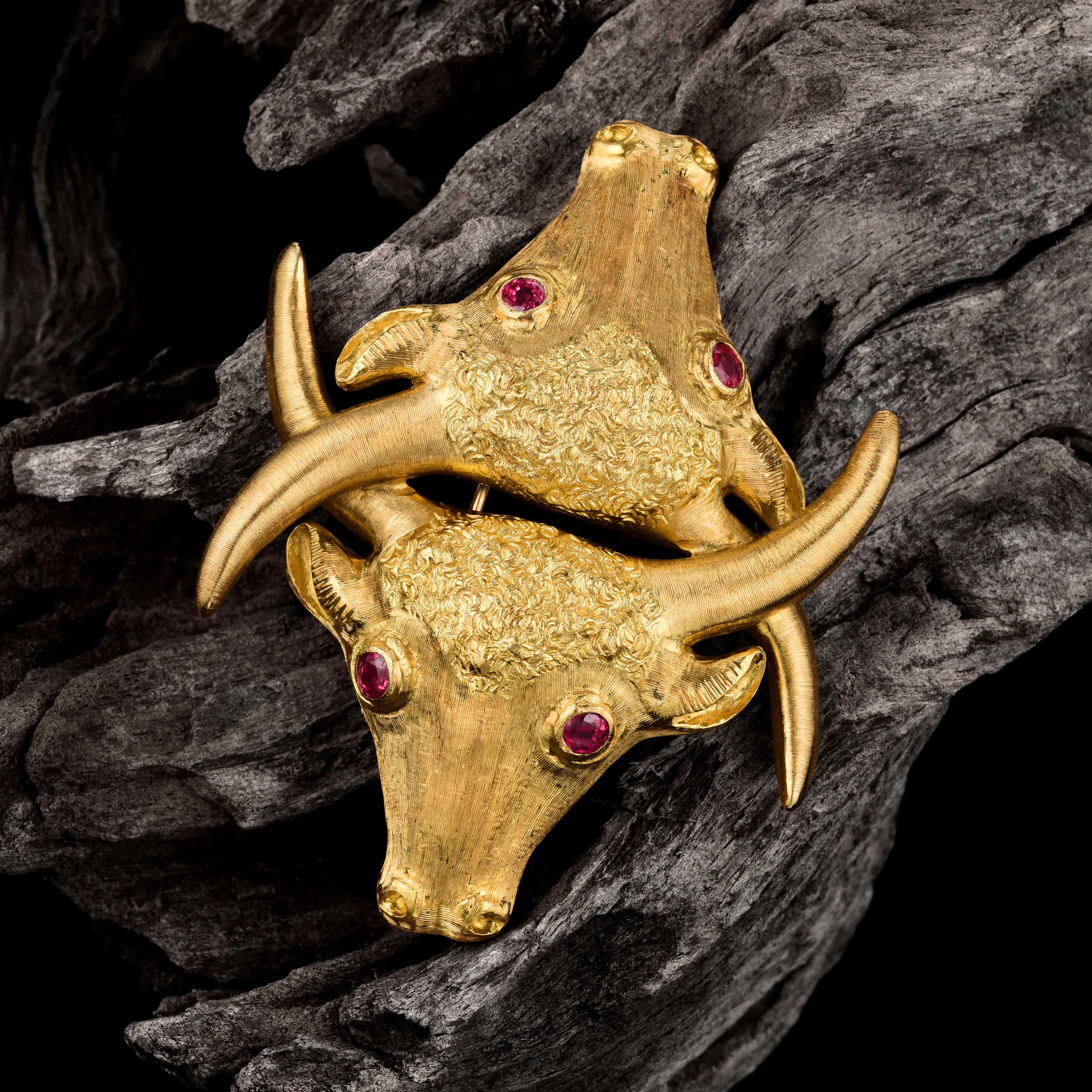 Ilias Lalaounis Gold Ruby Bull Brooch- Fortuna Auction NYC