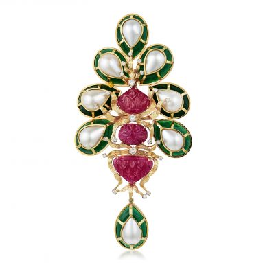 Tony Duquette Ruby Emerald Diamond and Cultured Pearl Brooch- Fortuna Fine Jewelry & Watch Auction