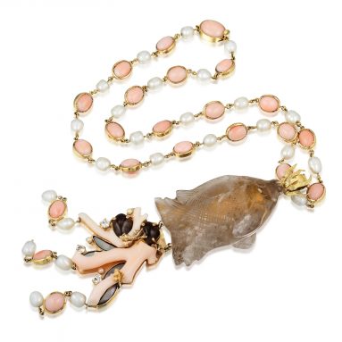 Tony Duquette Coral Cultured Pearl Quartz and Mother of Pearl Necklace- Fortuna Fine Jewelry Auction