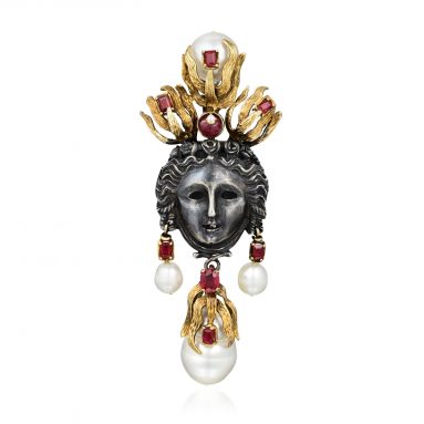 Tony Duquette Ruby Cultured Pearl and Cultured Pearl Mask Brooch- Fortuna Fine Jewelry Auction